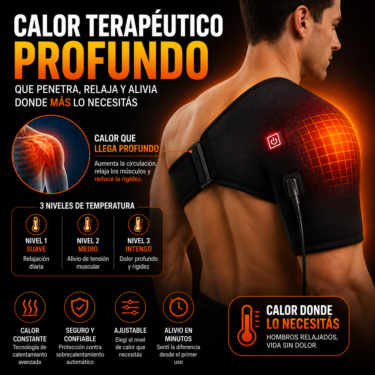 Alivio térmico inmediato para hombros cansados y doloridos