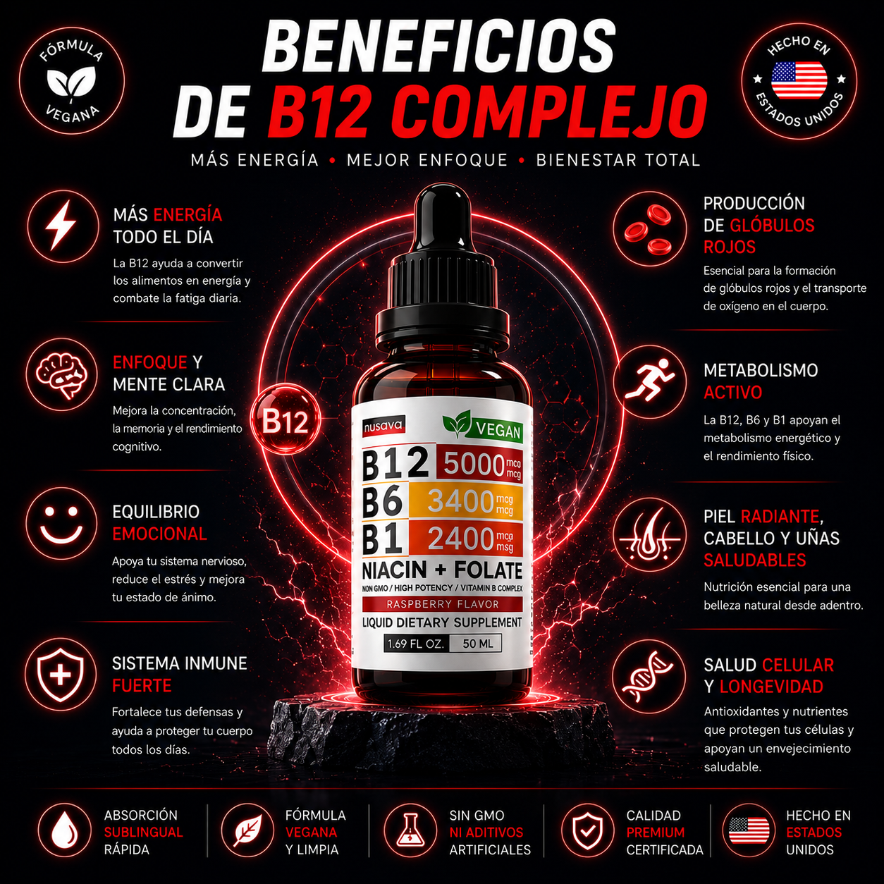 B12 Líquida Sublingual 5000 mcg | Energía y Apoyo Nervioso