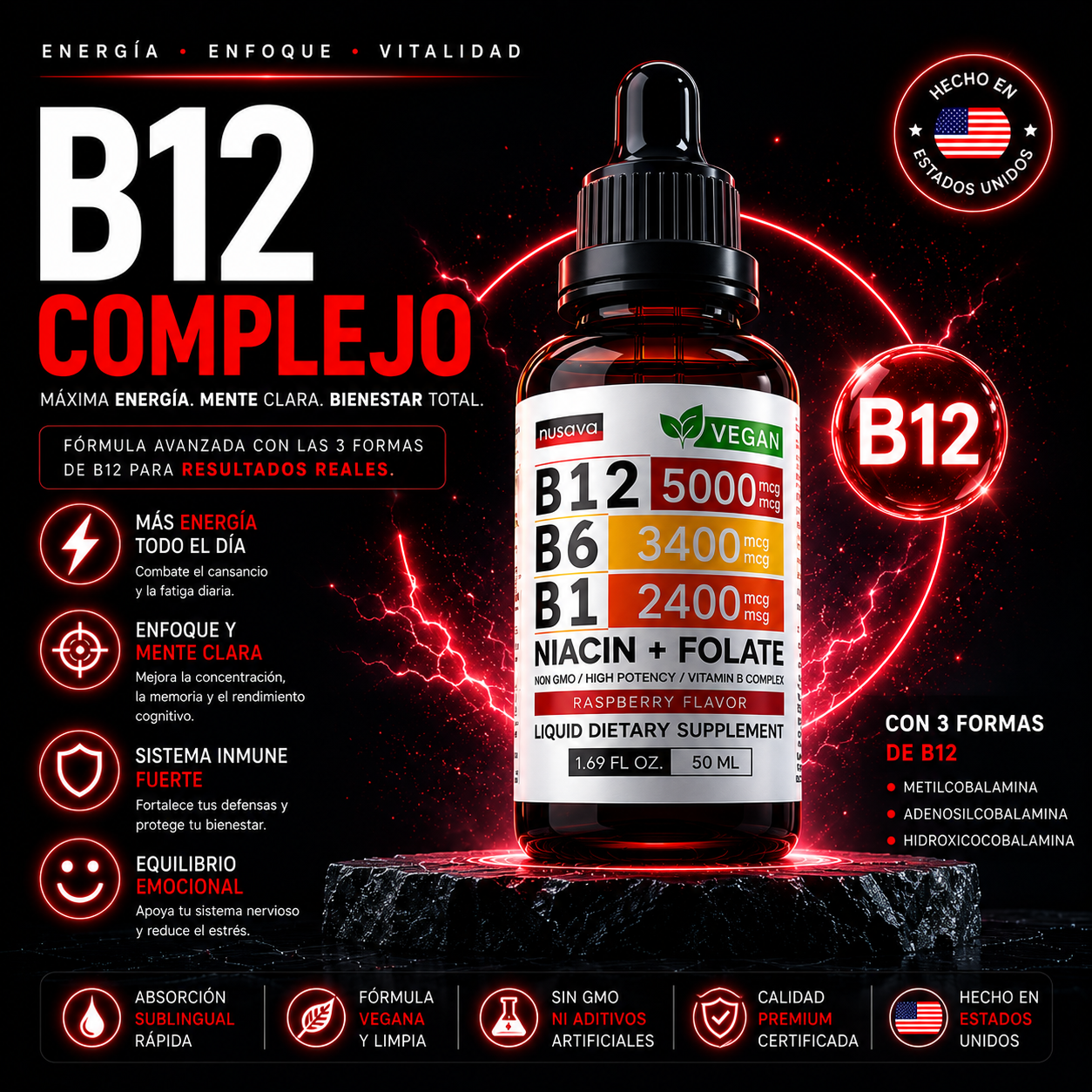 B12 Líquida Sublingual 5000 mcg | Energía y Apoyo Nervioso