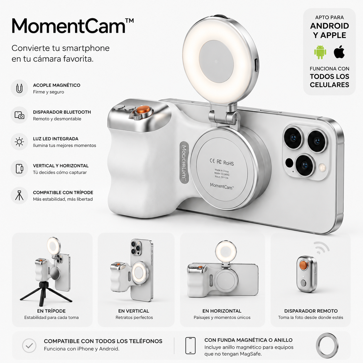MomentCam™ | Grip Magnético Premium con Luz LED y Disparador Remoto para Smartphone